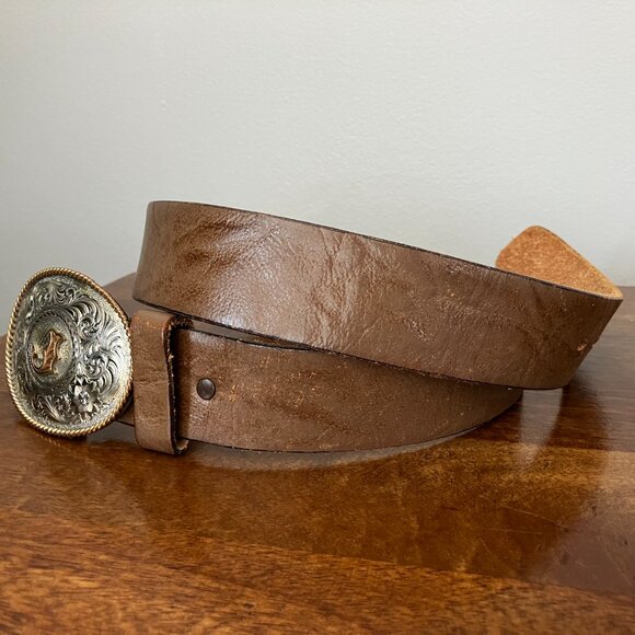 Montana SilverSmiths Cowboy/Cowgirl Initial Oval Silver Belt Buckle Leather Belt - Picture 2 of 14